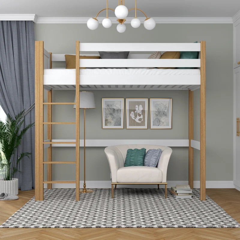 Letto a soppalco in legno N06 bianco / rovere