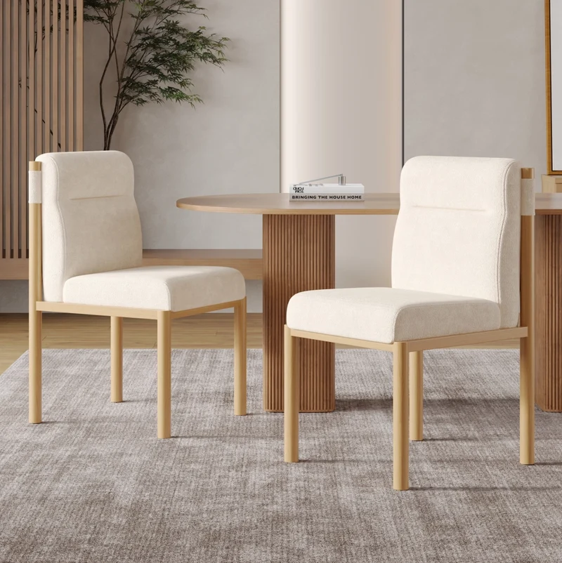 Set di 4 sedie da pranzo beige in tessuto Sherpa con struttura in metallo