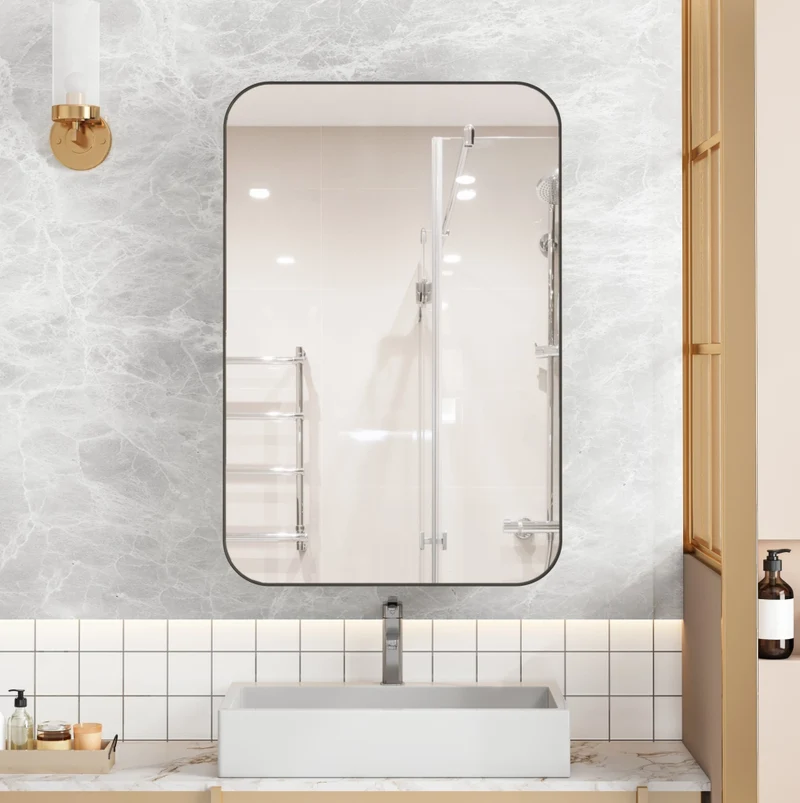 Armadietto a specchio rettangolare 86x61x18 cm in vetro e metallo nero con ripiani regolabili