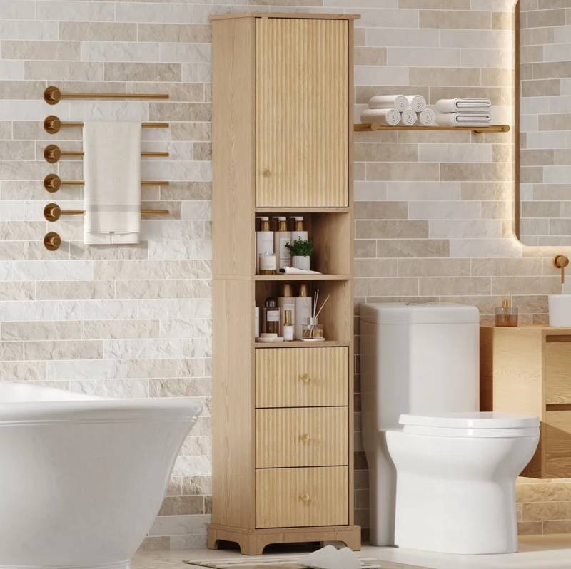Colonna bagno 40x30x172 cm in MDF effetto legno naturale con 3 cassetti