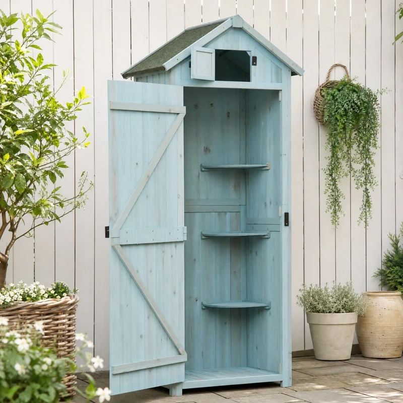 Armadio da giardino in legno 77x54;2x179 cm con 3 ripiani rimovibili; azzurro chiaro