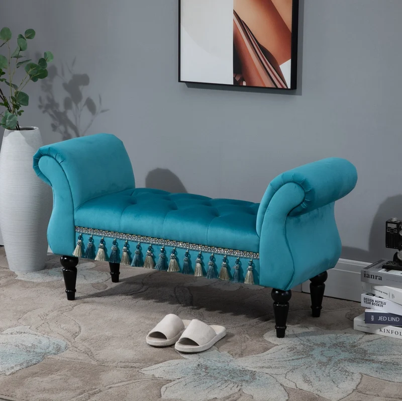 Panca imbottita vintage blu 117x40x58 cm con struttura in legno e gambe in legno della gomma