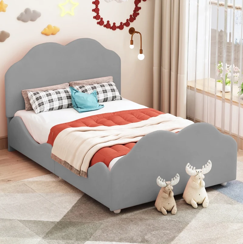 Letto singolo per bambini imbottito 90x200 cm con sponde alte e testiera a nuvola grigio