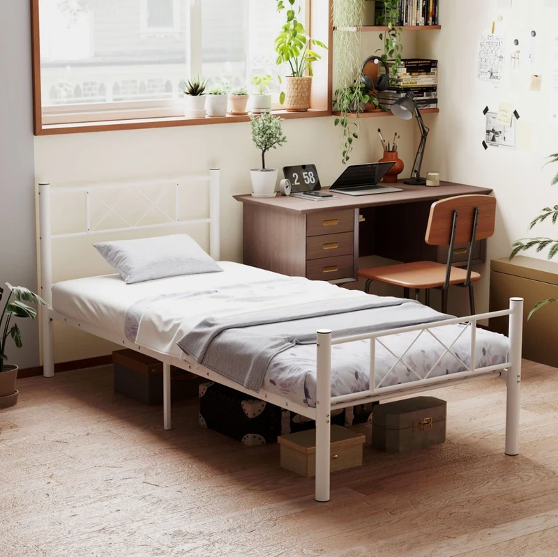 Letto singolo in acciaio bianco 90x200 cm con testiera e spazio contenitore