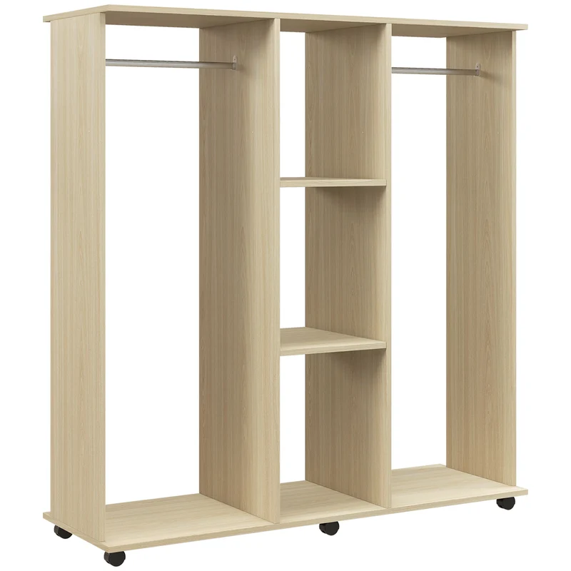 Armadio Guardaroba a Rotelle 120x40x128 cm con 2 Barre e 3 Ripiani Aperti in Legno e Alluminio Color Legno
