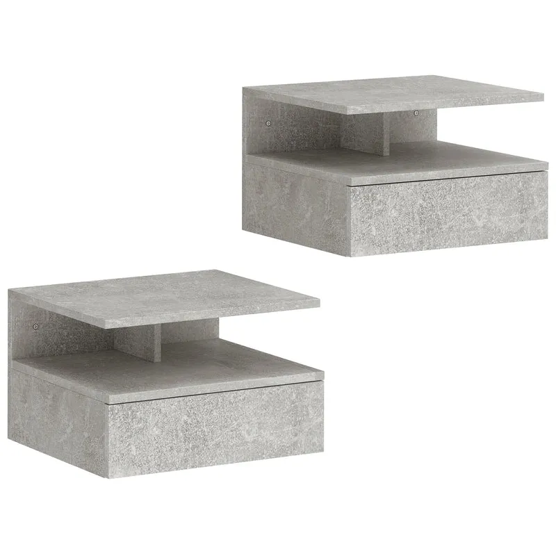 Set di 2 Comodini Sospesi 35x32x22,5 cm con Cassetto e Mensola Aperta Rivestimento in Melamina Grigio Cemento