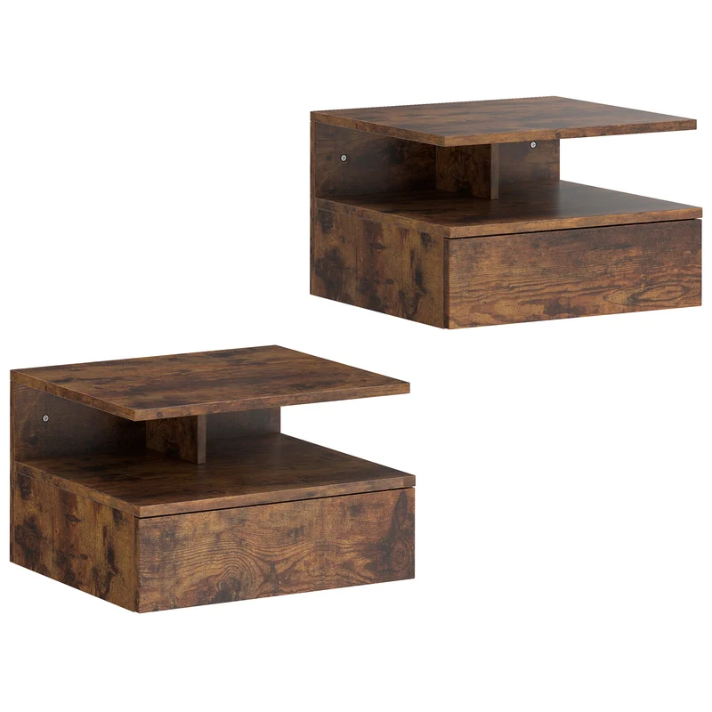 Set di 2 Comodini Sospesi 35x32x22,5 cm con Cassetto e Mensola Aperta Rivestimento in Melamina Marrone Rustico