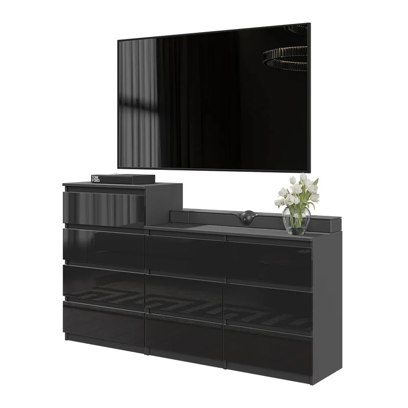 GABRIEL - Cassettiera a 10 cassetti (6+4) - H92/70 cm L160 cm P33 cm - Antracite / Nero Lucido