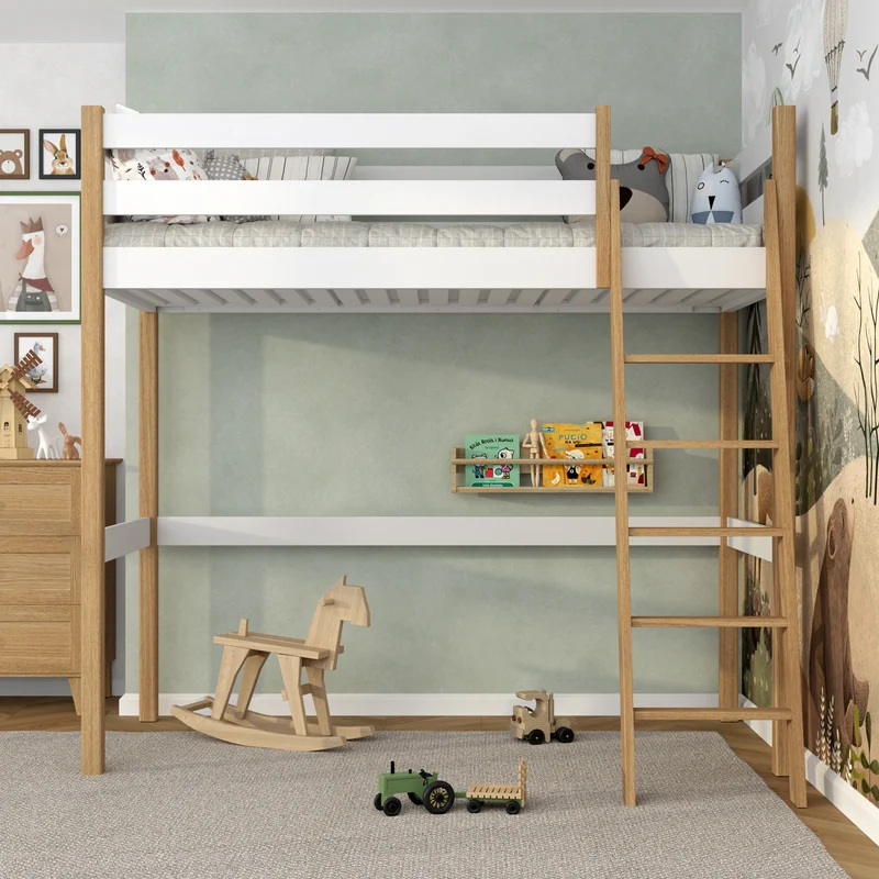 Letto a soppalco in legno N03 bianco / rovere