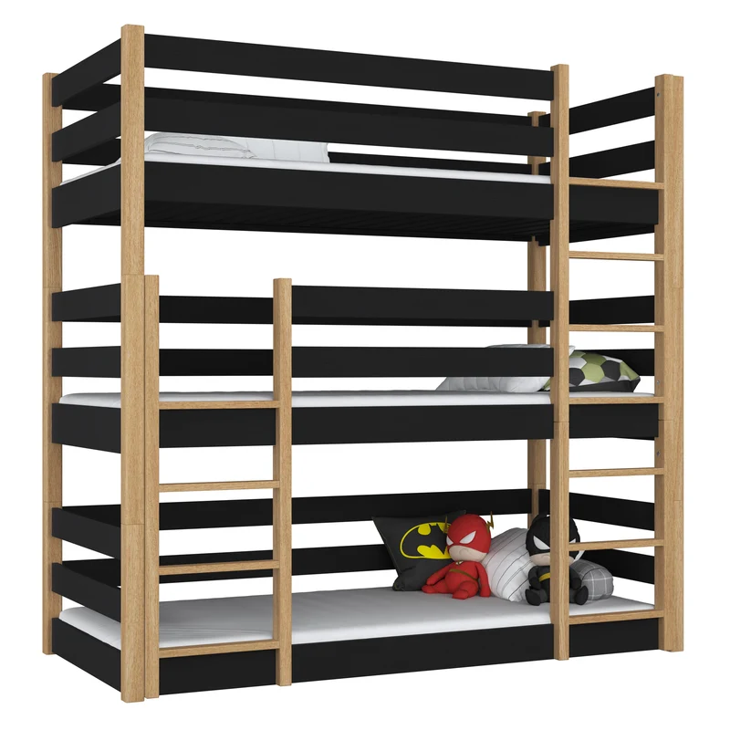 Letto a castello triplo in legno N01 nero / rovere naturale