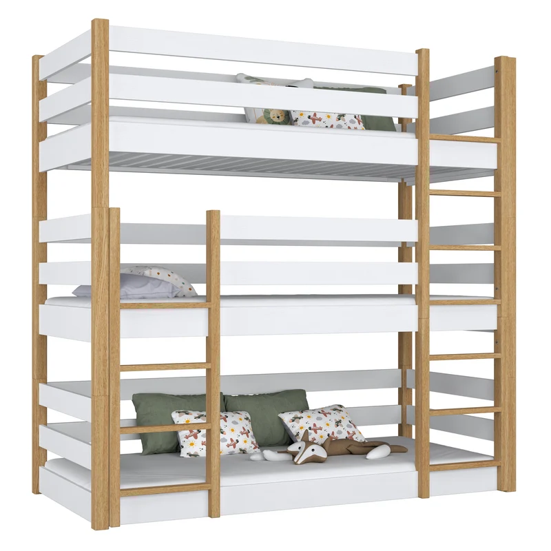 Letto a castello triplo in legno N01 bianco / rovere naturale