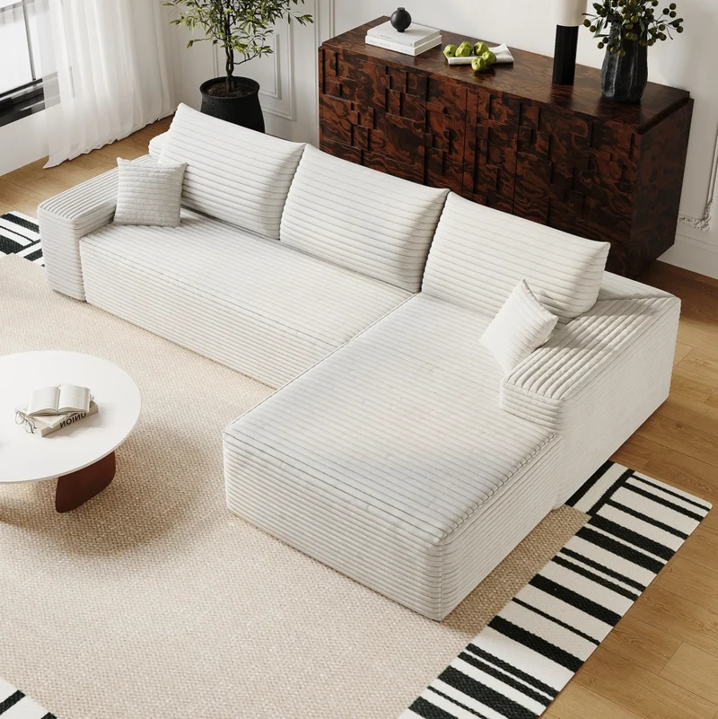 Divano in tessuto bianco 270x175x83 cm con imbottitura in schiuma elastica; apertura senza attrezzi