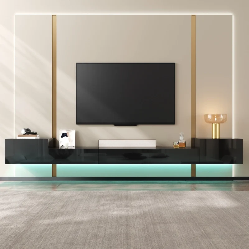 Mobile TV sospeso chiuso con LED multicolore; 245x30x26 cm; nero lucido in MDF e truciolare