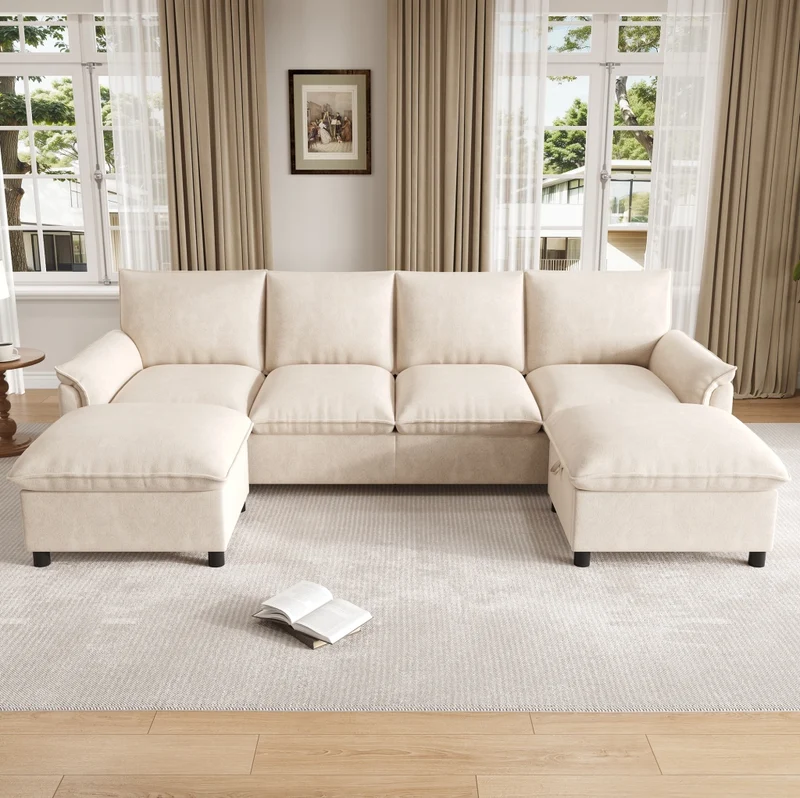 Divano modulare a U con 2 pouf contenitore; in chenille beige; 264;5x142;5x84 cm