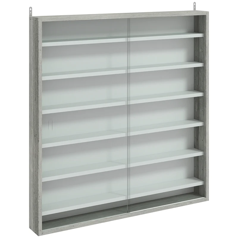 Bacheca Portaoggetti 80x9,5x83 cm a 5 Ripiani Regolabili con Ante in Vetro in Legno Bianco e Grigio