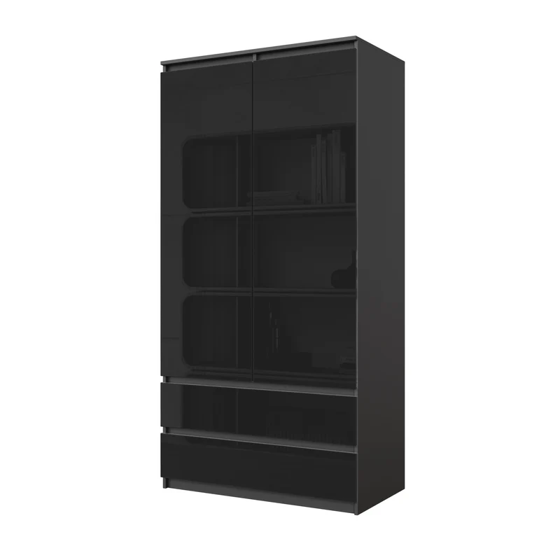 JOELLE - Armadio a 2 ante con 2 cassetti - Antracite / Nero Lucido H180cm L90cm P50cm