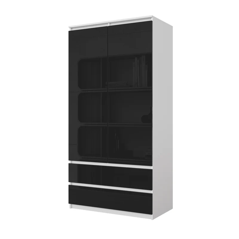 JOELLE - Armadio a 2 ante con 2 cassetti - Bianco opaco / Nero Lucido H180cm L90cm P50cm