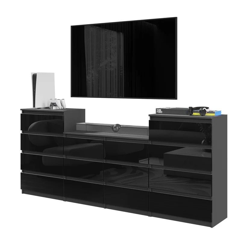 GABRIEL - Cassettiera a 14 cassetti (4+6+4) - Credenza per camera da letto - Antracite / Nero Lucido