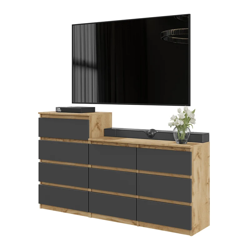 GABRIEL - Cassettiera a 10 cassetti (6+4) - H92/70 cm L160 cm P33 cm - Rovere Wotan / Antracite