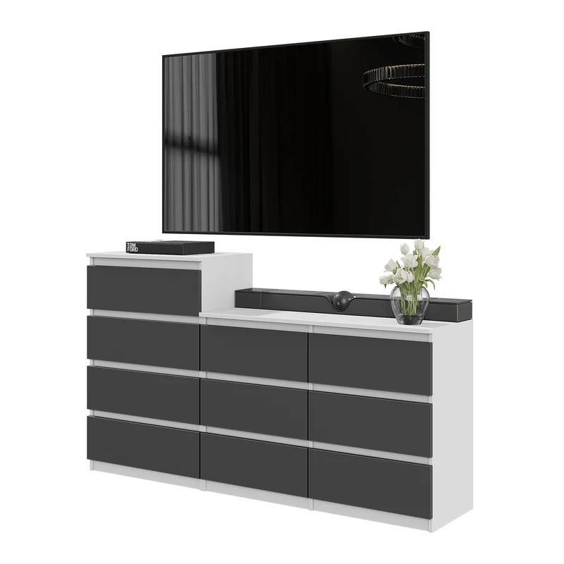 GABRIEL - Cassettiera a 10 cassetti (6+4) - H92/70 cm L160 cm P33 cm - Bianco Opaco / Antracite