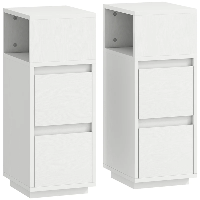 Set di 2 Comodini 25x30x65 cm con 2 Cassetti e Ripiano Aperto Salvaspazio in Legno Bianco