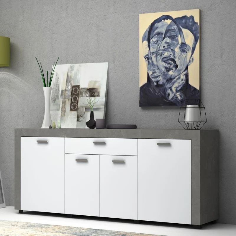 Madia Fiesta 4 ante 1 cassetto grigio cemento e bianco 177x40x76 cm