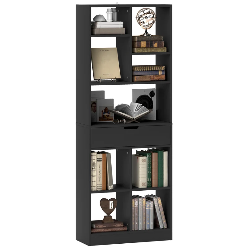 Libreria Moderna 60x26x158 cm con Cassetto Centrale e Kit Antiribaltamento in Legno Nero
