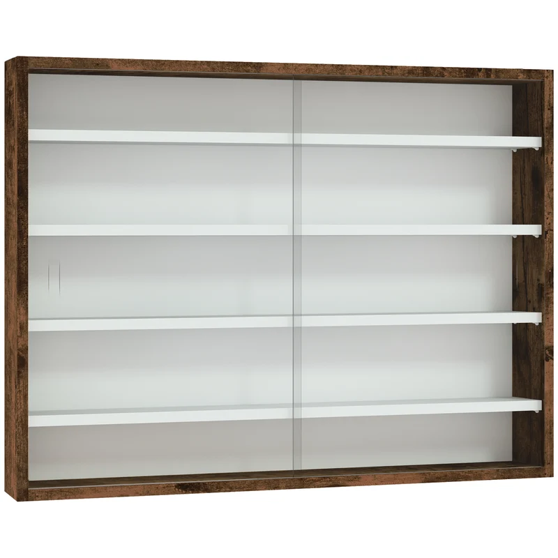Bacheca Vetrina a Muro 4 Ripiani Regolabili 80x9,5x60 cm in Vetro e Legno Marrone