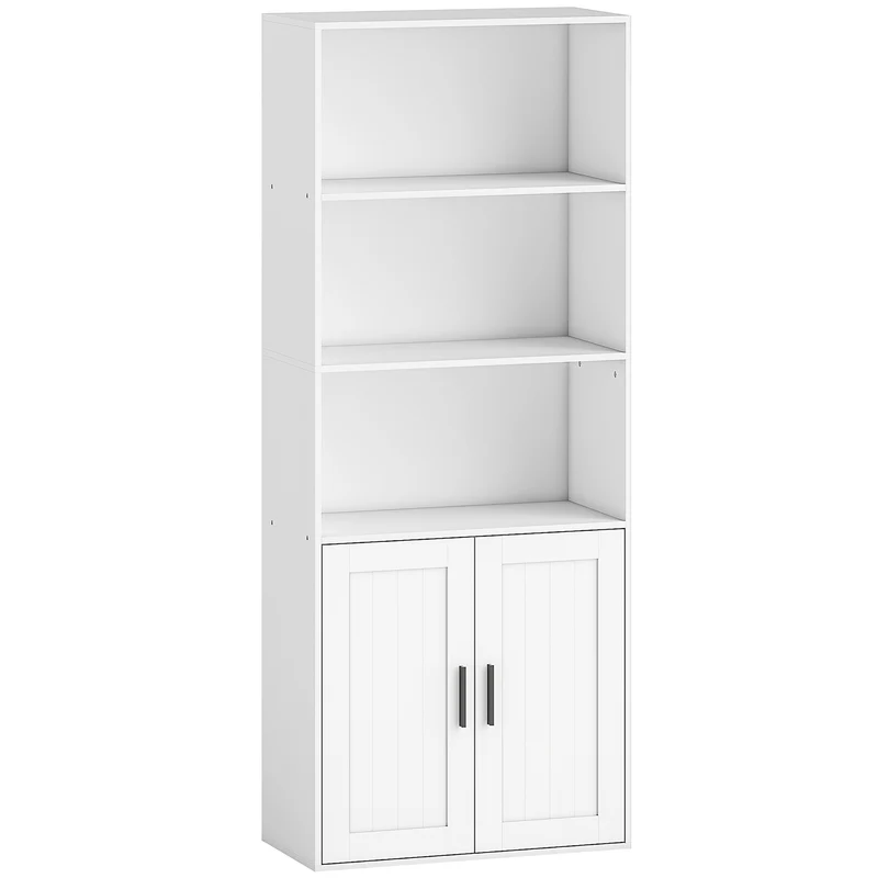 Libreria con Ripiani Aperti e Armadietto 2 Ante 60x30x145.5 cm in MDF Bianco