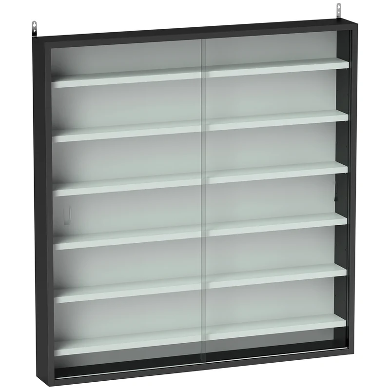 Bacheca Vetrina a Muro con 6 Ripiani Regolabili 80x9.5x83 cm in Legno Bianco e Nero