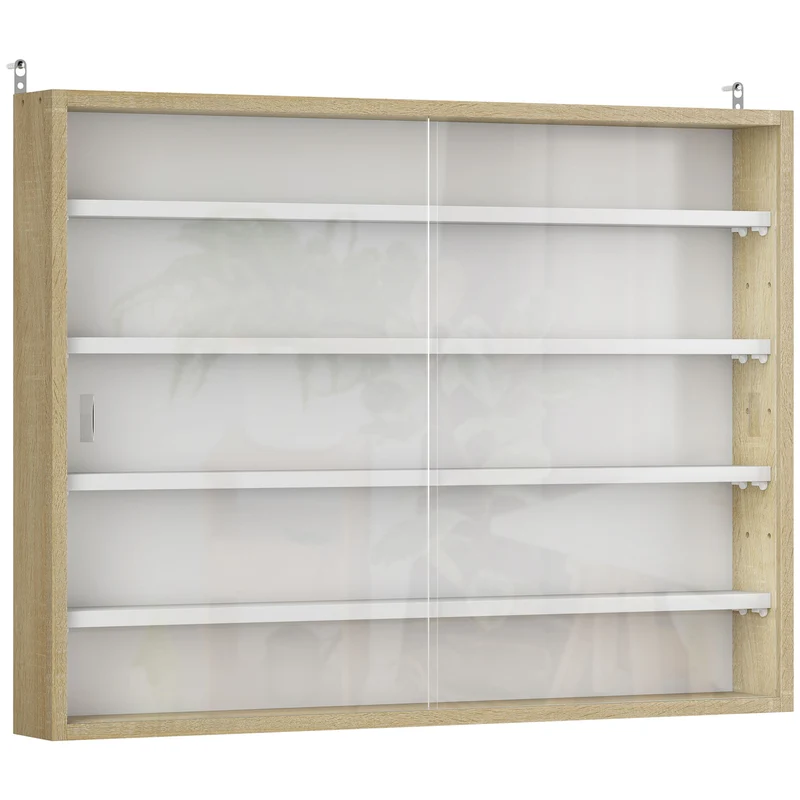 Bacheca Vetrina a Muro con 4 Ripiani Regolabili 80x9.5x60cm Bianco e Legno