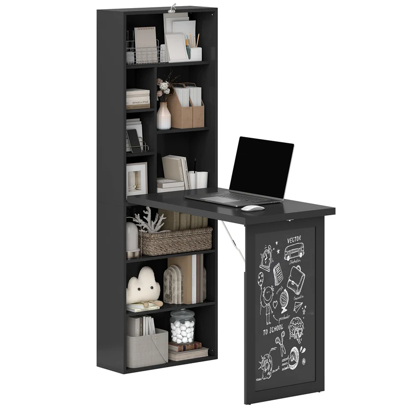 Mobile Libreria con Scrivania Salvaspazio Pieghevole 98x51x153 cm in Legno e MDF Nero