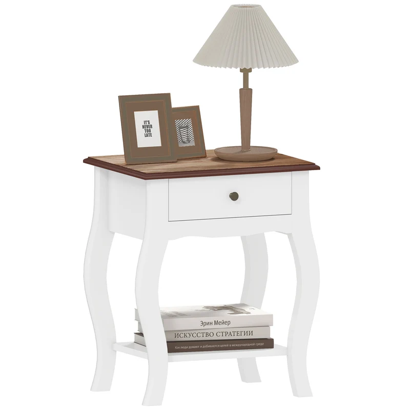 Comodino in Stile Francese con Cassetto 45x35x55 cm in MDF Bianco e Rovere