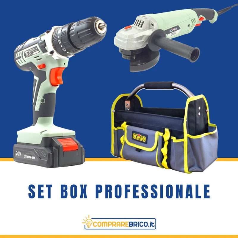 Set box: Trapano Avvitatore a Percussione + Smerigliatrice + Cestello Portautensili