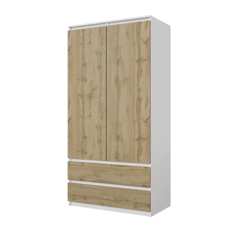 JOELLE - Armadio a 2 ante con 2 cassetti - Bianco opaco / Rovere Wotan H180cm L90cm P50cm
