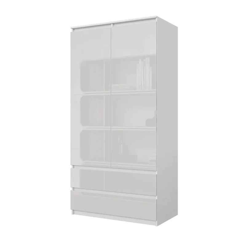 JOELLE - Armadio a 2 ante con 2 cassetti - Bianco opaco / Bianco lucido H180cm L90cm P50cm