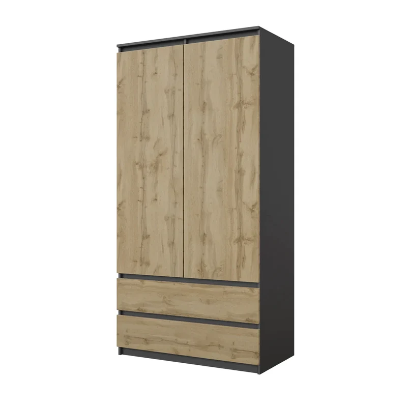 JOELLE - Armadio a 2 ante con 2 cassetti - Antracite / Quercia Wotan H180cm L90cm P50cm
