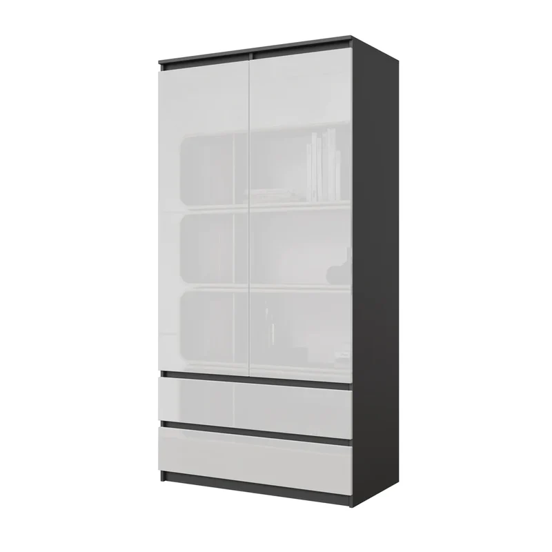 JOELLE - Armadio a 2 ante con 2 cassetti - Antracite / Bianco lucido H180cm L90cm P50cm