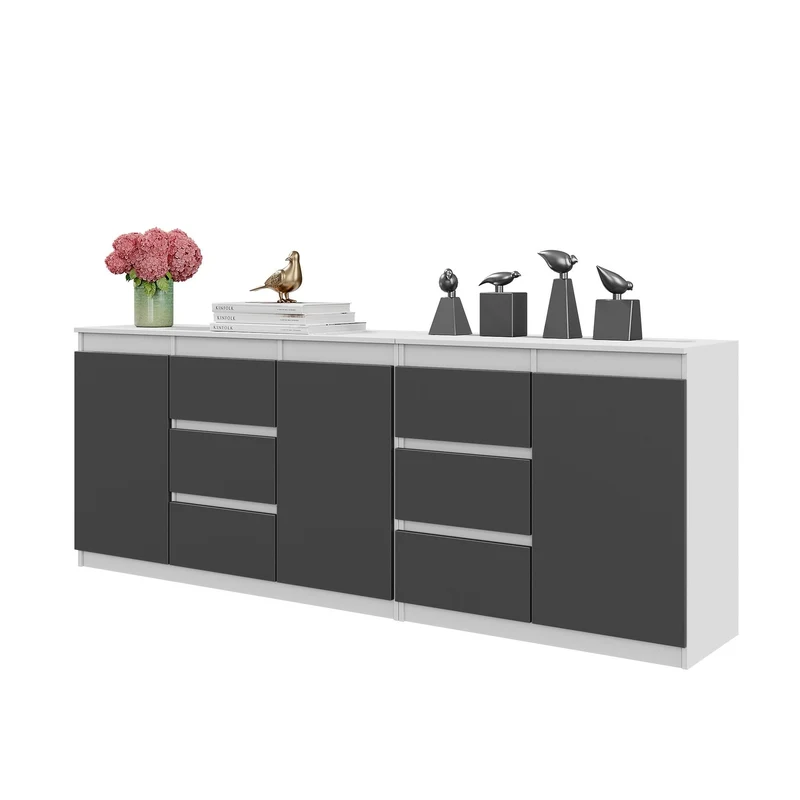 MIKEL - Cassettiera a 6 cassetti e 3 ante - Credenza per camera da letto - Bianco Opaco / Antracite H75cm L200cm P35cm