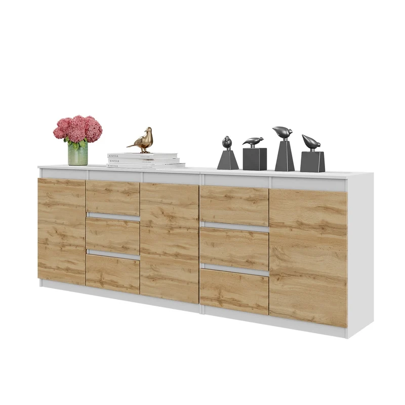 MIKEL - Cassettiera con 6 cassetti e 3 ante - Credenza per camera da letto - Bianco Opaco/Rovere Wotan H75cm L200cm P35cm