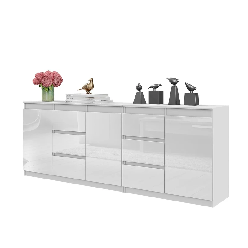 MIKEL - Cassettiera con 6 cassetti e 3 ante - Credenza per camera da letto - Bianco Opaco/Bianco Lucido H75cm L200cm P35cm