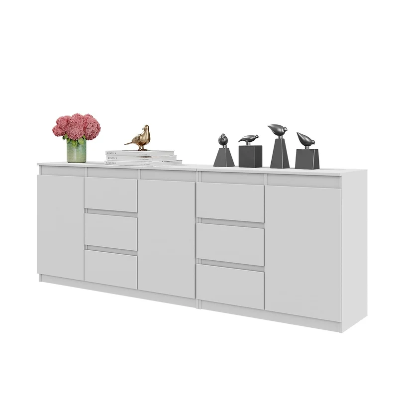 MIKEL - Cassettiera con 6 cassetti e 3 ante - Credenza per camera da letto - Bianco Opaco / Bianco Opaco H75cm L200cm P35cm