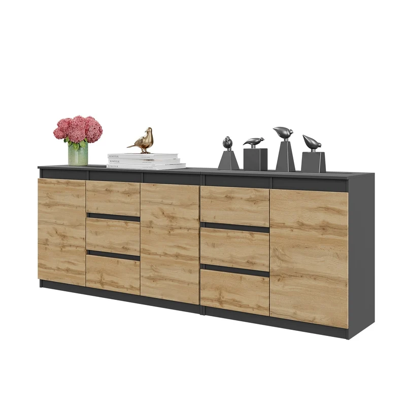 MIKEL - Cassettiera a 6 cassetti e 3 ante - Credenza per camera da letto - Antracite / Rovere Wotan H75cm L200cm P35cm