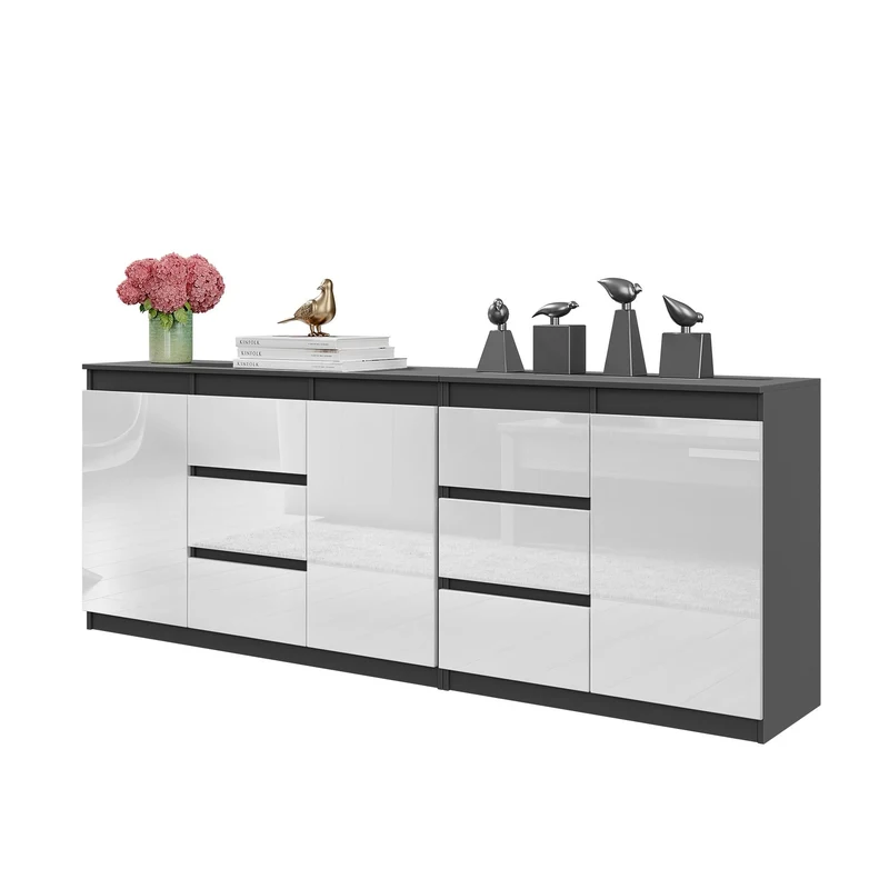MIKEL - Cassettiera a 6 cassetti e 3 ante - Credenza per camera da letto - Antracite / Bianco Lucido H75cm L200cm P35cm