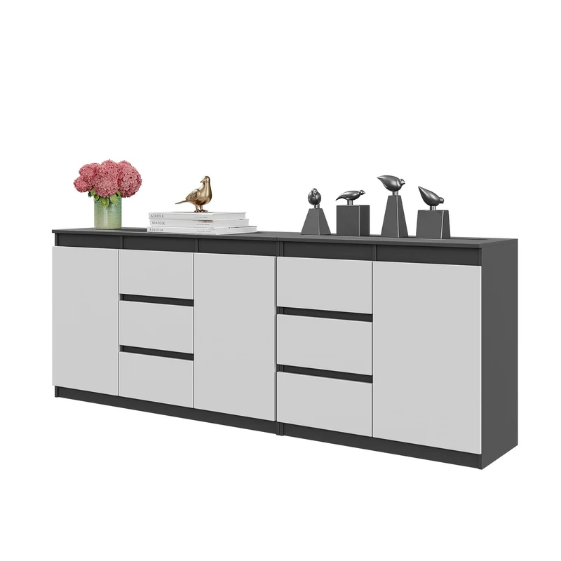 MIKEL - Cassettiera a 6 cassetti e 3 ante - Credenza per camera da letto - Antracite / Bianco Opaco H75cm L200cm P35cm