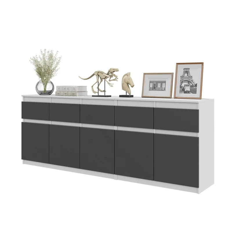NOAH - Cassettiera a 5 cassetti e 5 ante - Credenza per camera da letto - Bianco Opaco / Antracite H75cm L200cm P35cm