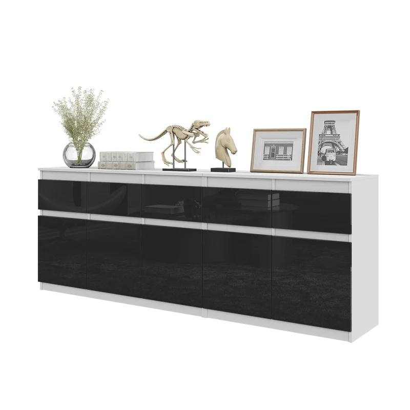 NOAH - Cassettiera a 5 cassetti e 5 ante - Credenza per camera da letto - Bianco Opaco / Nero Lucido H75cm L200cm P35cm