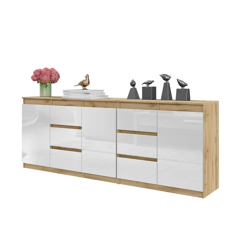 MIKEL - Cassettiera a 6 cassetti e 3 ante - Credenza per camera da letto - Rovere Wotan / Bianco Lucido H75cm L200cm P35cm