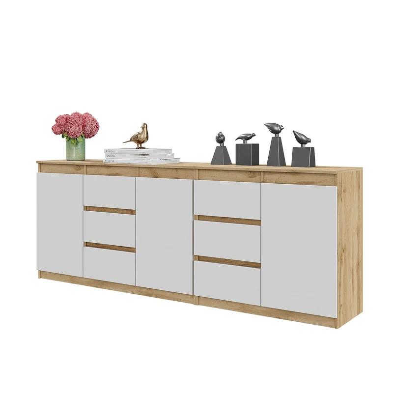 MIKEL - Cassettiera a 6 cassetti e 3 ante - Credenza per camera da letto - Rovere Wotan / Bianco Opaco H75cm L200cm P35cm