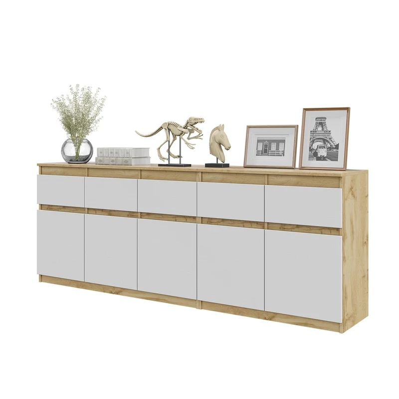 NOAH - Cassettiera a 5 cassetti e 5 ante - Credenza per camera da letto - Rovere Wotan / Bianco Opaco H75cm L200cm P35cm